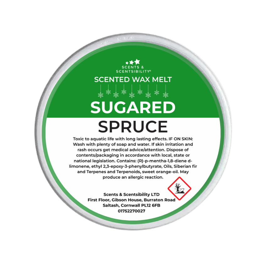 Scented wax melt container labeled 'Sugared Spruce' on a green background