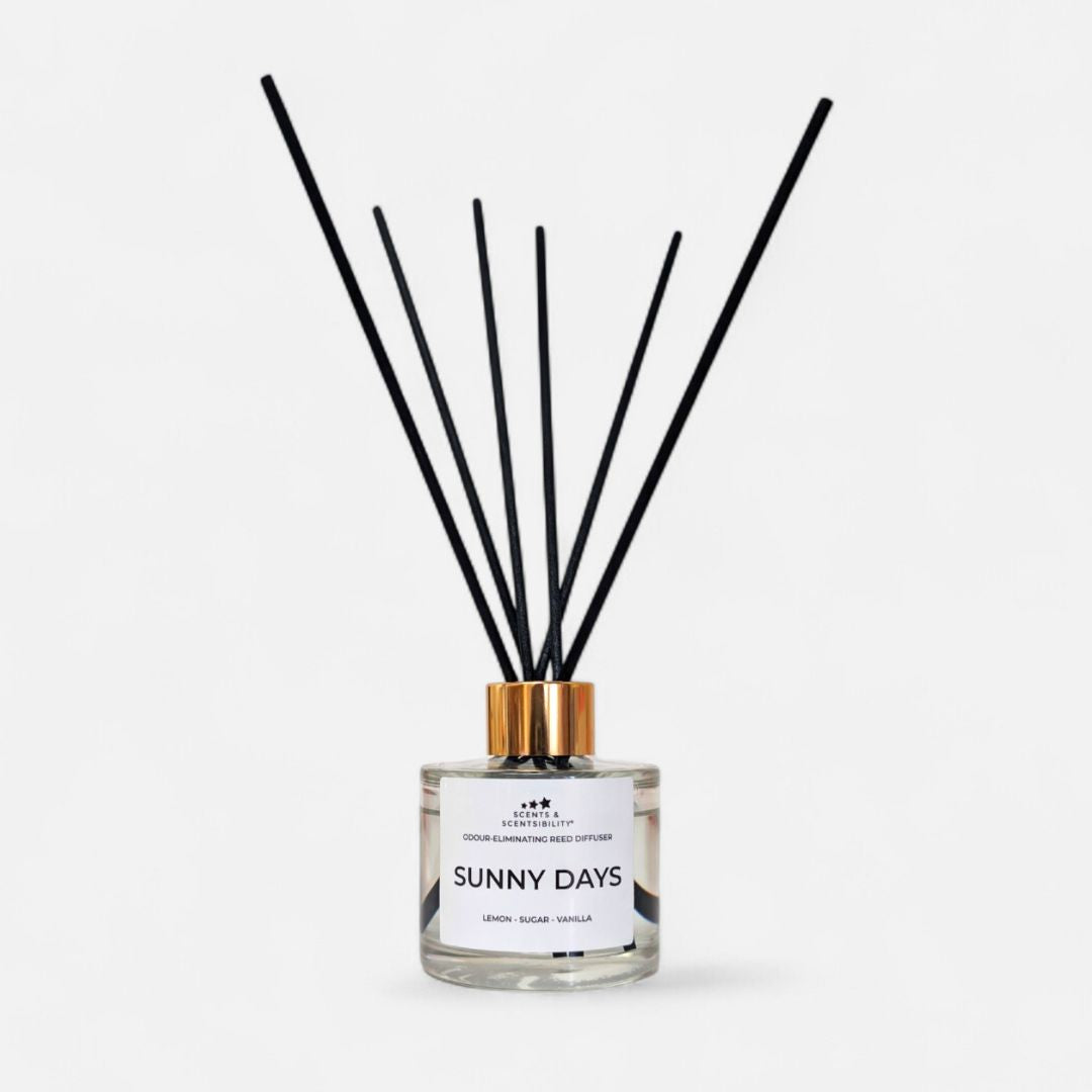 Diffuser bottle labeled 'Sunny Days' with black sticks on a white background