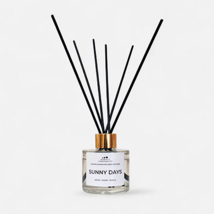 Diffuser bottle labeled 'Sunny Days' with black sticks on a white background