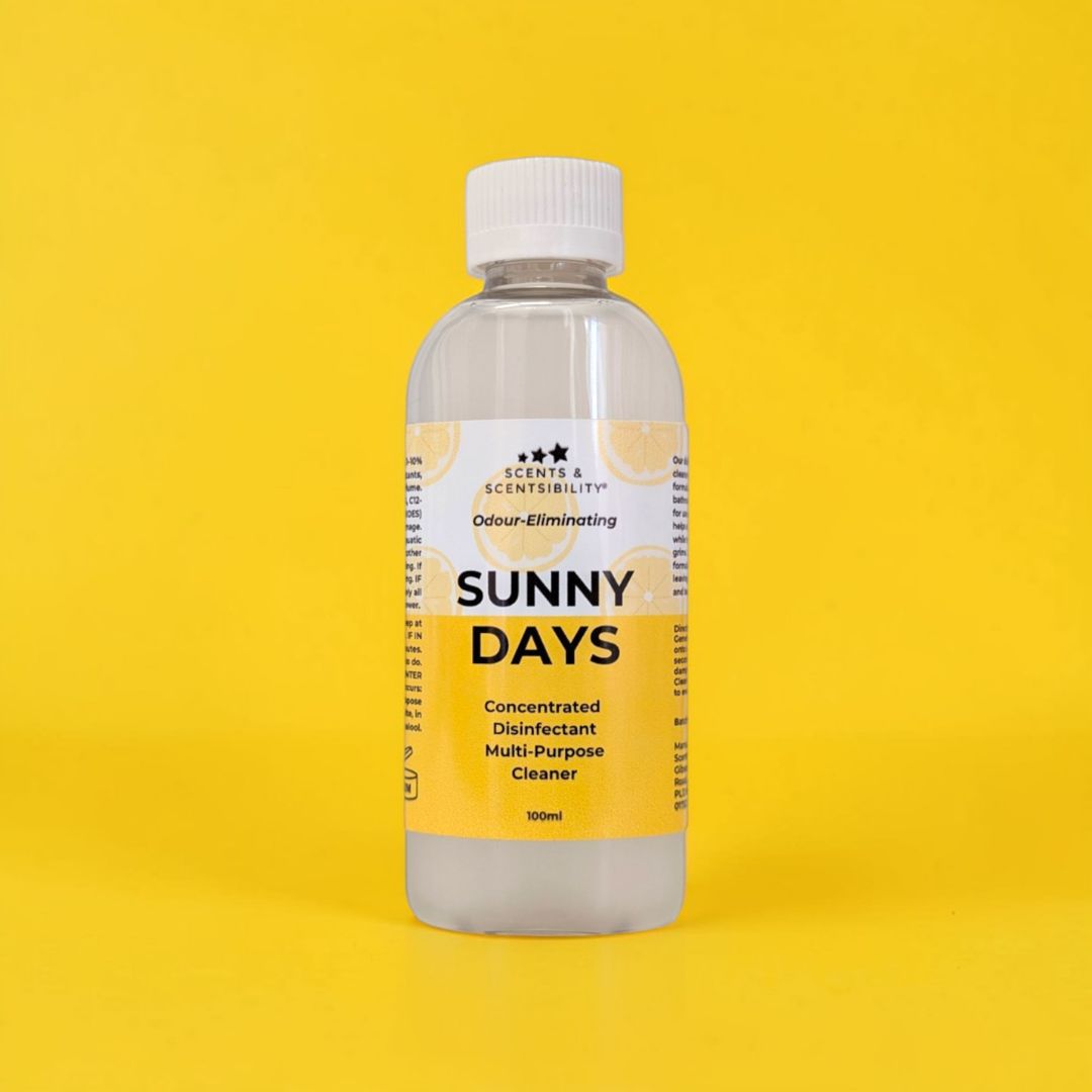 Bottle of 'Sunny Days' cleaner on a yellow background