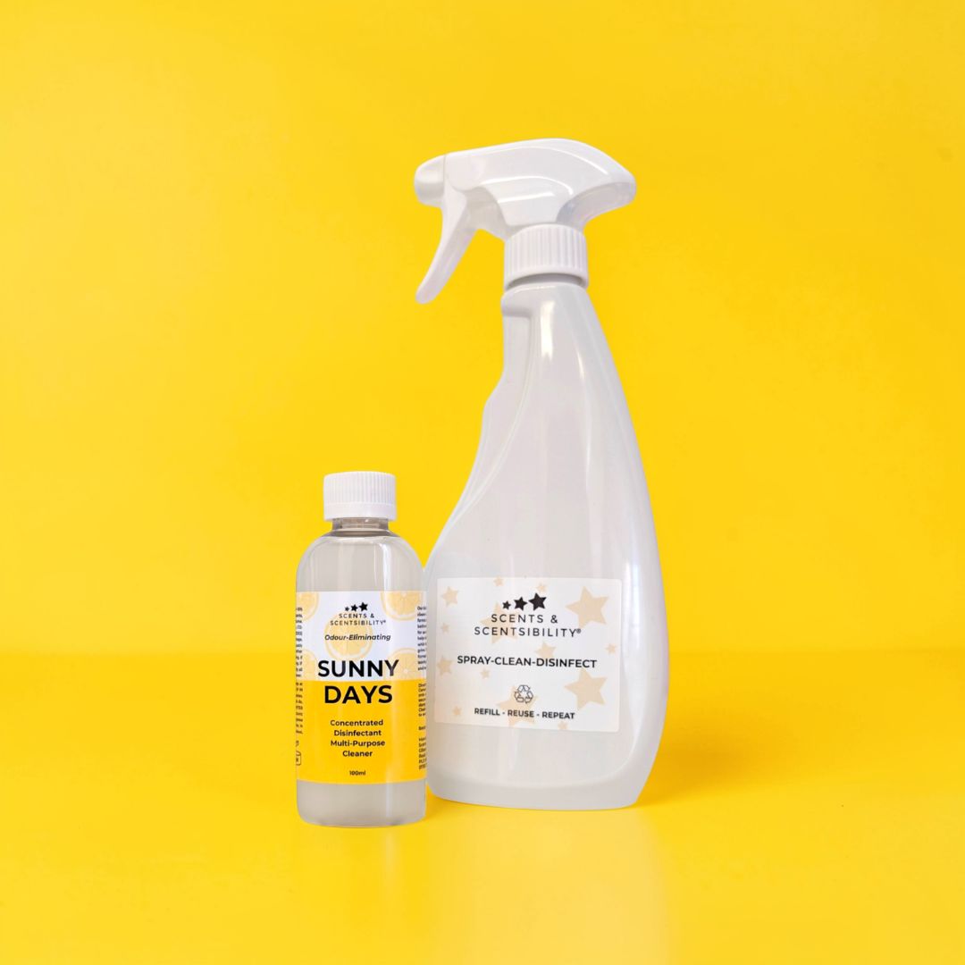 A bottle of 'Sunny Days' cleaning solution and white trigger spray bottle on a yellow background