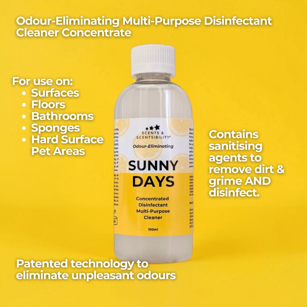 A bottle of cleaning concentrate on a yellow background with captions
