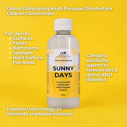 A bottle of cleaning concentrate on a yellow background with captions