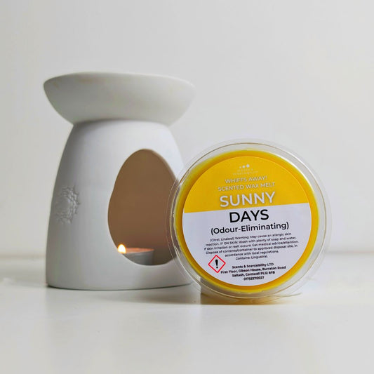 White wax melter with a container labeled 'Sunny Days' on a white background