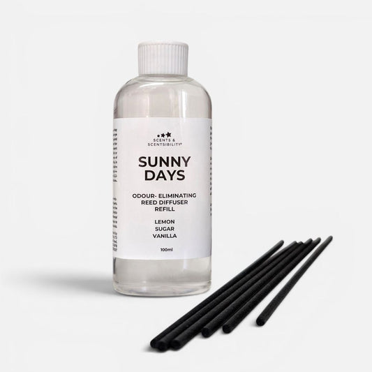 Clear bottle with 'Sunny Days' label and black reeds on a white background