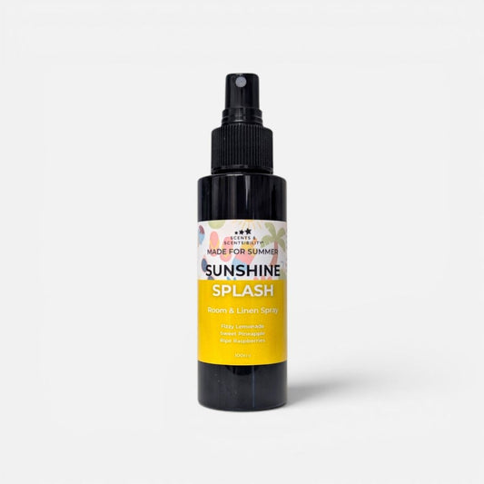 A black bottle of room spray labelled 'Sunshine Splash' on a white background