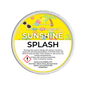 A round tub of Scents & Scentsibility LTD 'Sunshine Splash' scented wax melt, featuring a bright yellow and white label with summer-themed illustrations, set against a solid dark green background.