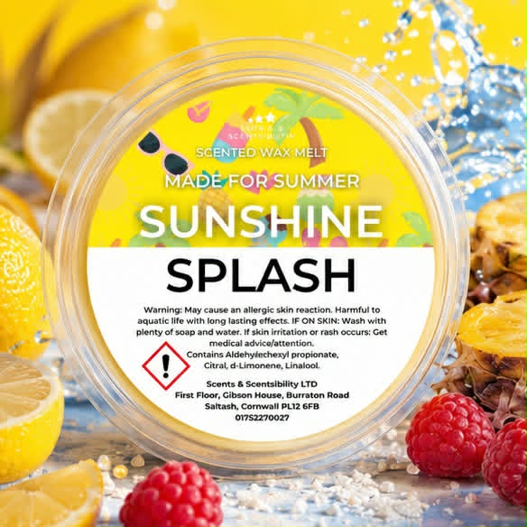 A round tub of Scents & Scentsibility LTD 'Sunshine Splash' scented wax melt, featuring a bright yellow and white label with summer-themed illustrations, set against lemon slices, raspberries and pineapple. 