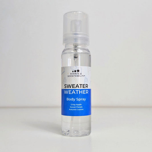 Body spray bottle labeled 'Sweater Weather' on a white background