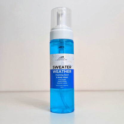 Foaming hand and body wash bottle labeled 'Sweater Weather' on a white background