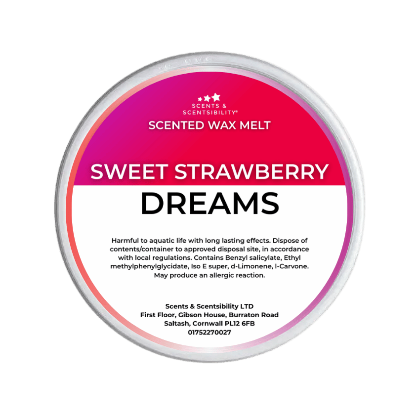 Scented wax melt container labeled 'Sweet Strawberry Dreams' on a green background