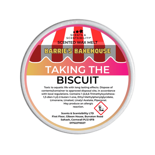 Scented wax melt container with 'Barrie's Bakehouse' branding on a green background