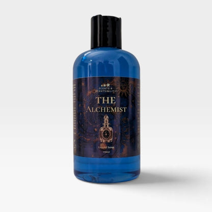 A bottle of blue liquid soap on a white background
