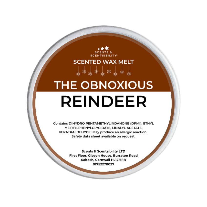 Scented wax melt container labeled 'The Obnoxious Reindeer' on a green background