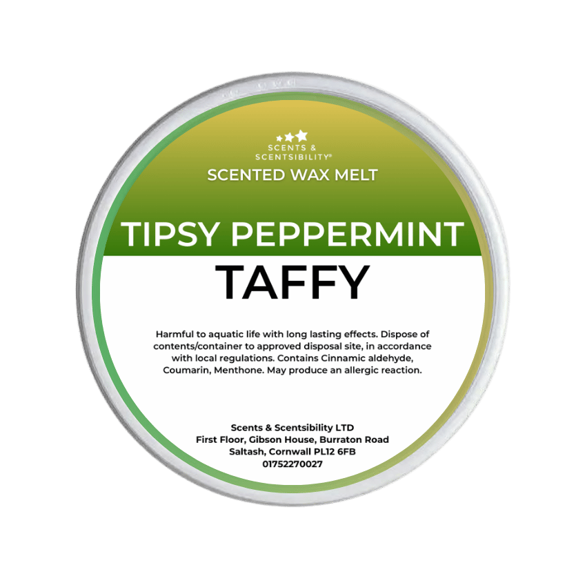 Scented wax melt container labeled 'Tipsy Peppermint Taffy' on a green background