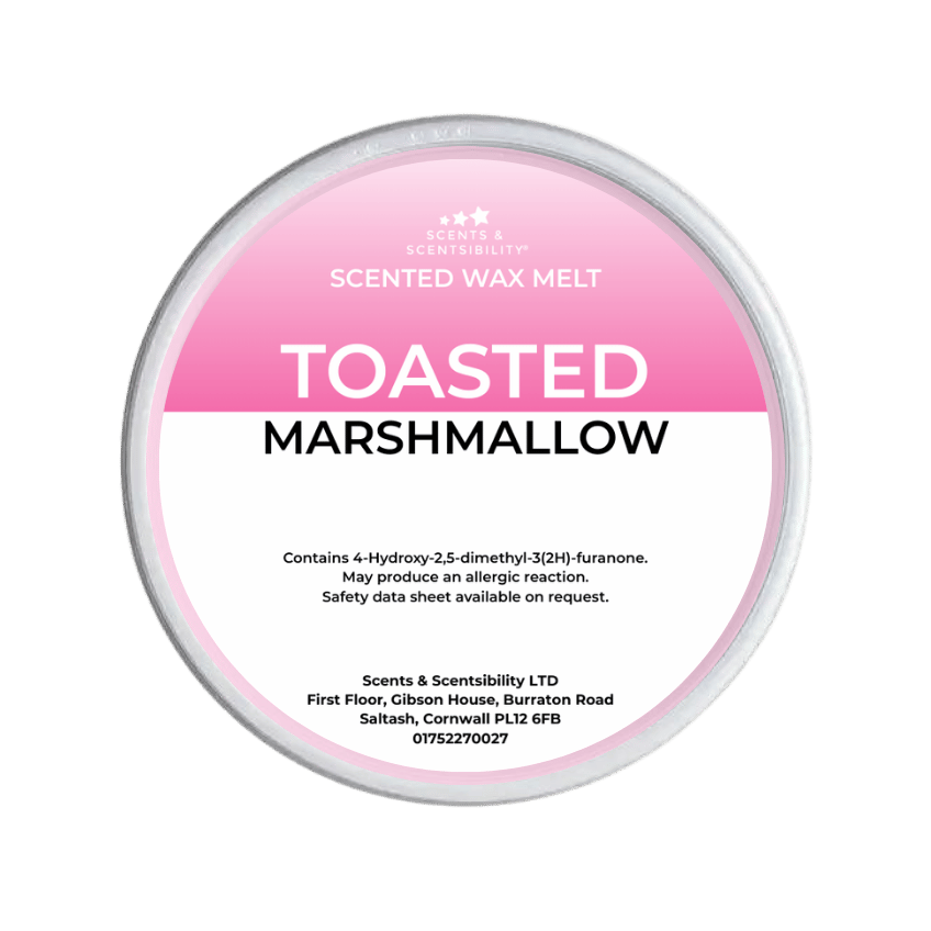 Scented wax melt container labeled 'Toasted Marshmallow' on a green background