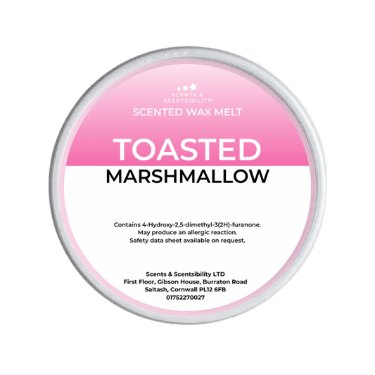 Scented wax melt container labeled 'Toasted Marshmallow' on a green background