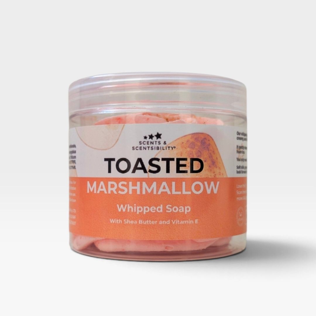 A clear jar of light orange whipped soap labelled Toasted Marshmallow