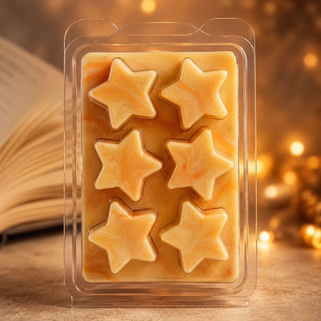 A clear plastic clamshell package containing six star-shaped wax melts or soap pucks in a warm marbled orange and cream color, set against a softly blurred background with warm bokeh lights and an open book.