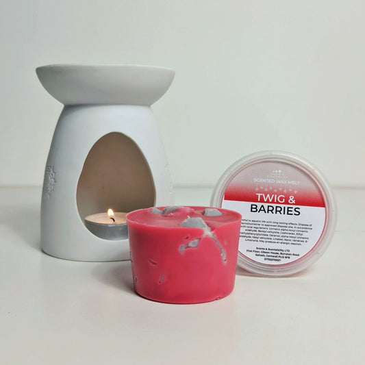 A pink and grey wax melt in front of a white wax melt burner with a lit candle and a container labeled 'Twig & Barries' on a white background