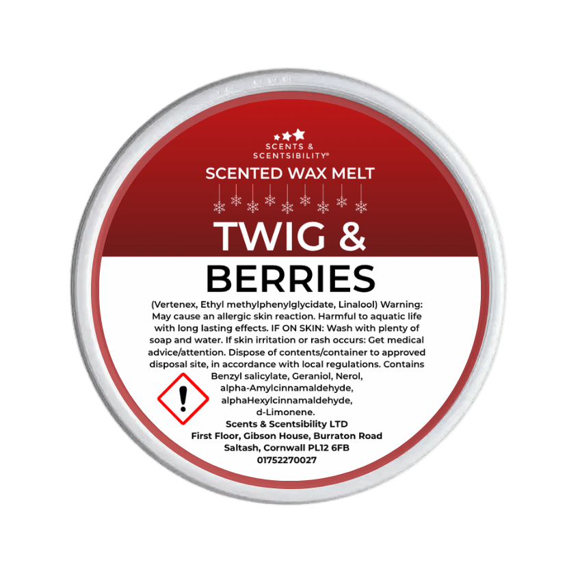 Scented wax melt container labeled 'Twig & Berries' with Scents & Scentsibility branding on a green background.