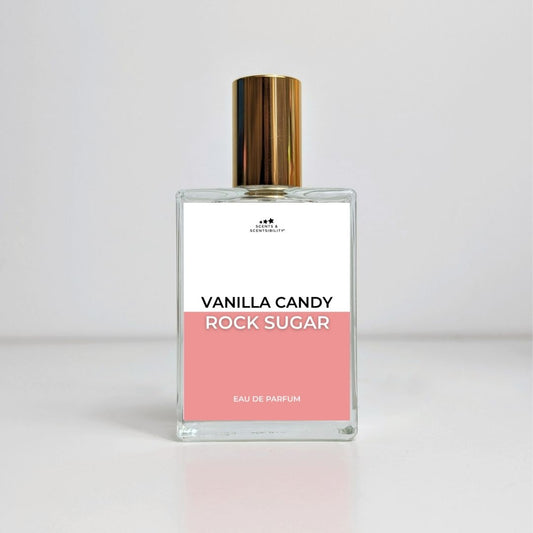 Perfume bottle labeled 'Vanilla Candy Rock Sugar' on a light gray background