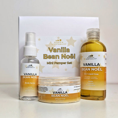 A White box with mini bath & body labelled Vanilla Bean Noël