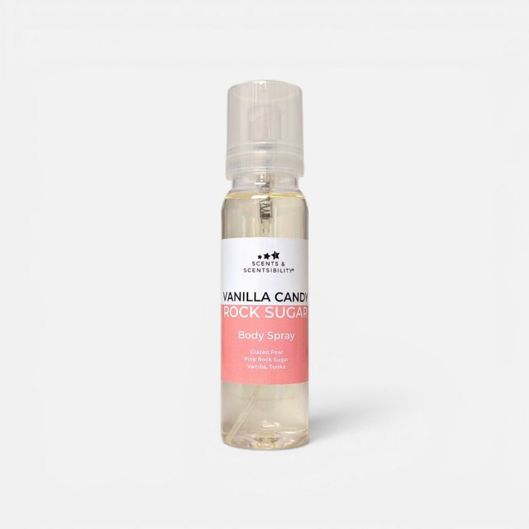 Body spray bottle labeled 'Vanilla Candy Rock Sugar' on a white background