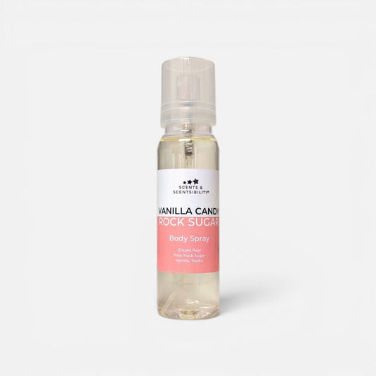 Body spray bottle labeled 'Vanilla Candy Rock Sugar' on a white background