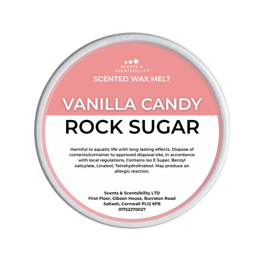 Vanilla Candy Rock Sugar scented wax melt container with label on a green background