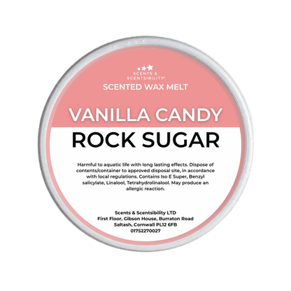 Vanilla Candy Rock Sugar scented wax melt container with label on a green background