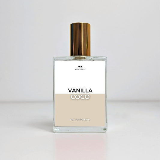 Perfume bottle labeled 'Vanilla Coco' on a light gray background