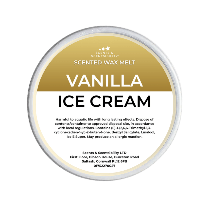 Vanilla ice cream scented wax melt packaging on a green background