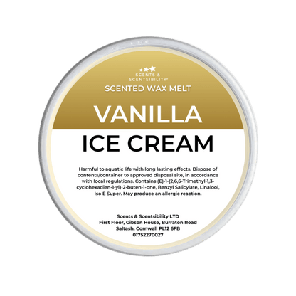 Vanilla ice cream scented wax melt packaging on a green background