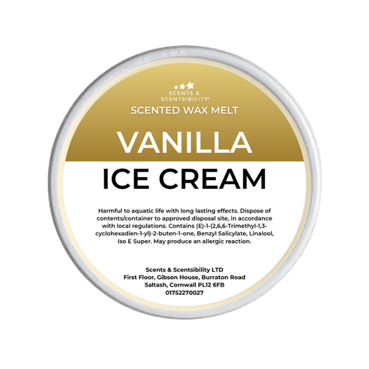 Vanilla ice cream scented wax melt packaging on a green background