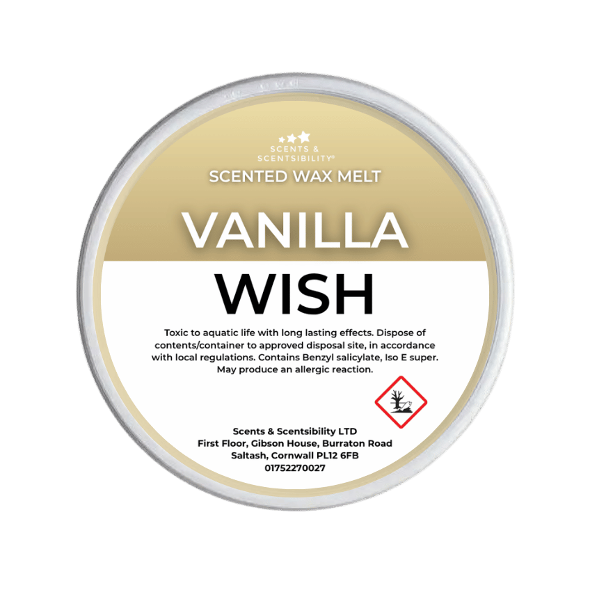 A Scents & Scentsibility Scented Wax Melt, Vanilla Wish, on a solid dark green background.