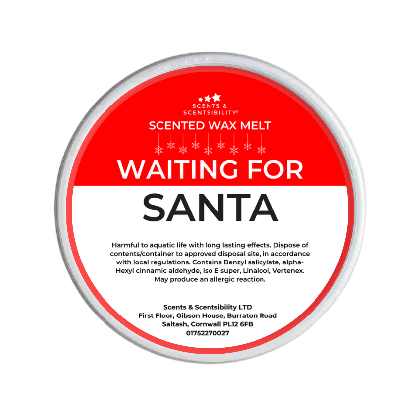 Scented wax melt container labeled 'Waiting for Santa' on a white background