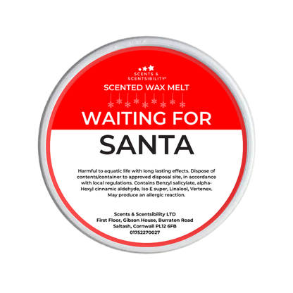 Scented wax melt container labeled 'Waiting for Santa' on a white background