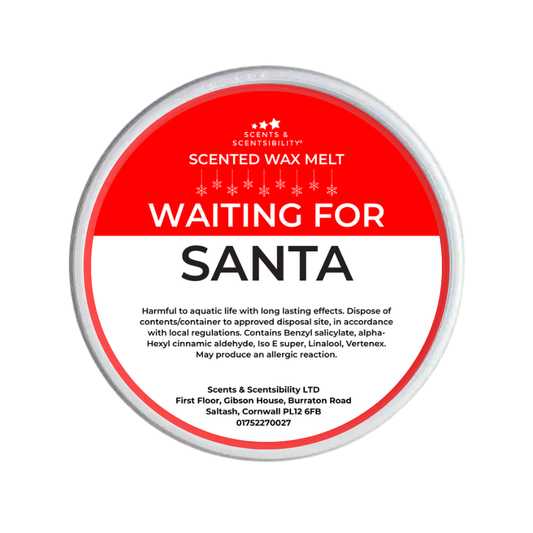 Scented wax melt container labeled 'Waiting for Santa' on a white background