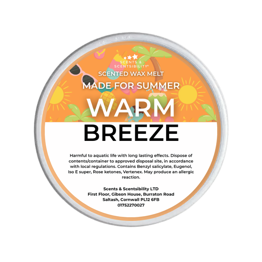 A wax melt pot with a colourful label called 'Warm Breeze' on a transparent background