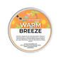 A wax melt pot with a colourful label called 'Warm Breeze' on a transparent background