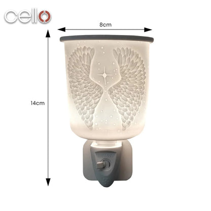 Plug in Wax Warmer with angel wings design and dimensions labeled.