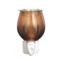 A copper-colored glass wax warmer with a ribbed leaf-like pattern and a white plastic plug-in base, shown against a plain white background.