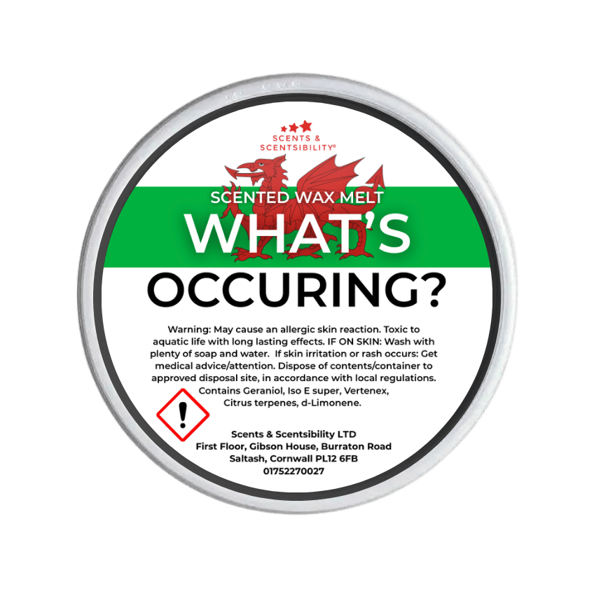 Scented wax melt container with label on a green background