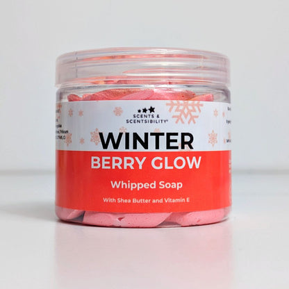 Jar of 'Winter Berry Glow' whipped soap with a white background