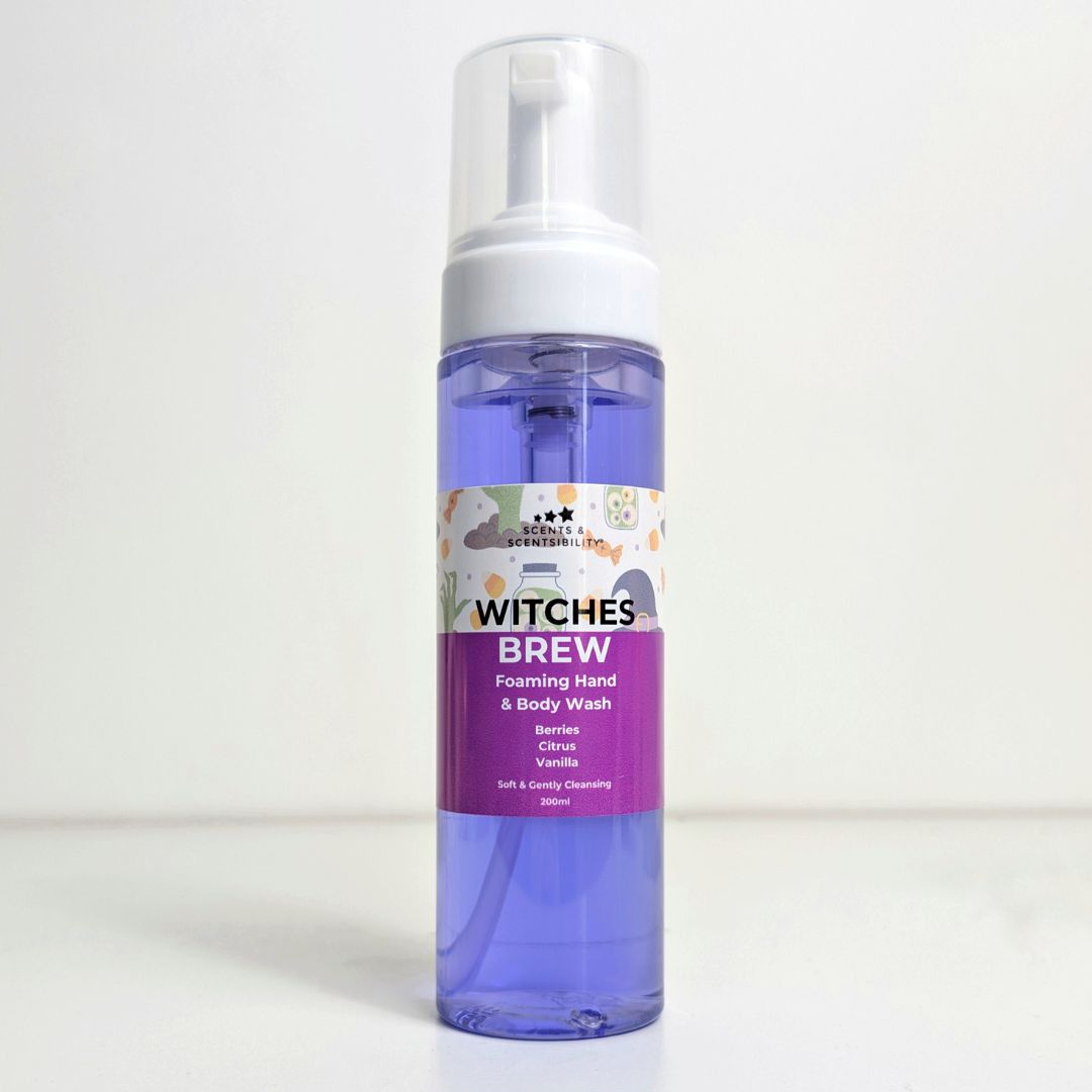Bottle of Witches Brew foaming hand & body wash on a white background