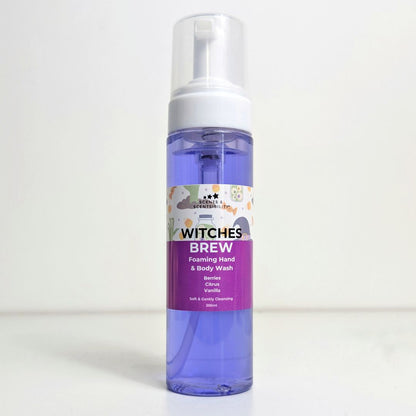 Bottle of Witches Brew foaming hand & body wash on a white background
