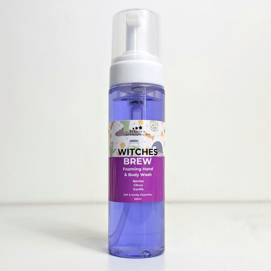 Bottle of Witches Brew foaming hand & body wash on a white background
