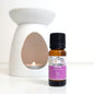 Bottle of 'Witches Brew' fragrance oil with a white wax melt and oil burner on a white background