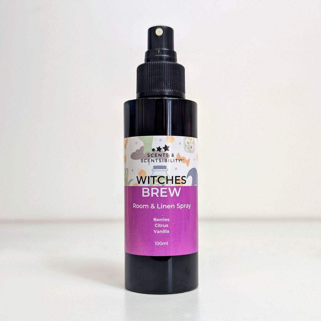 Room and linen spray bottle labeled 'Witches Brew' on a white background